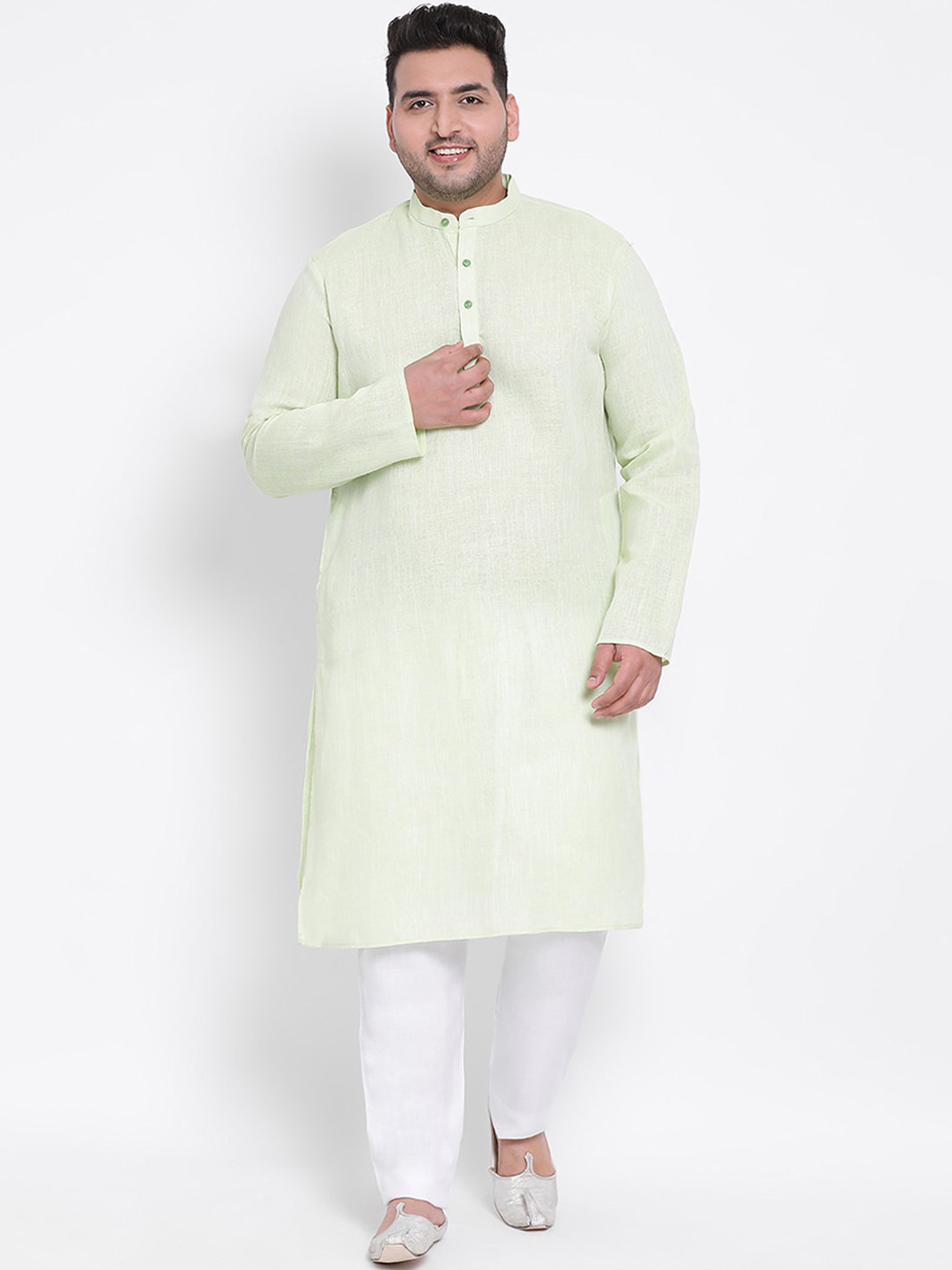 

Hangup Men Green Solid Linen Kurta