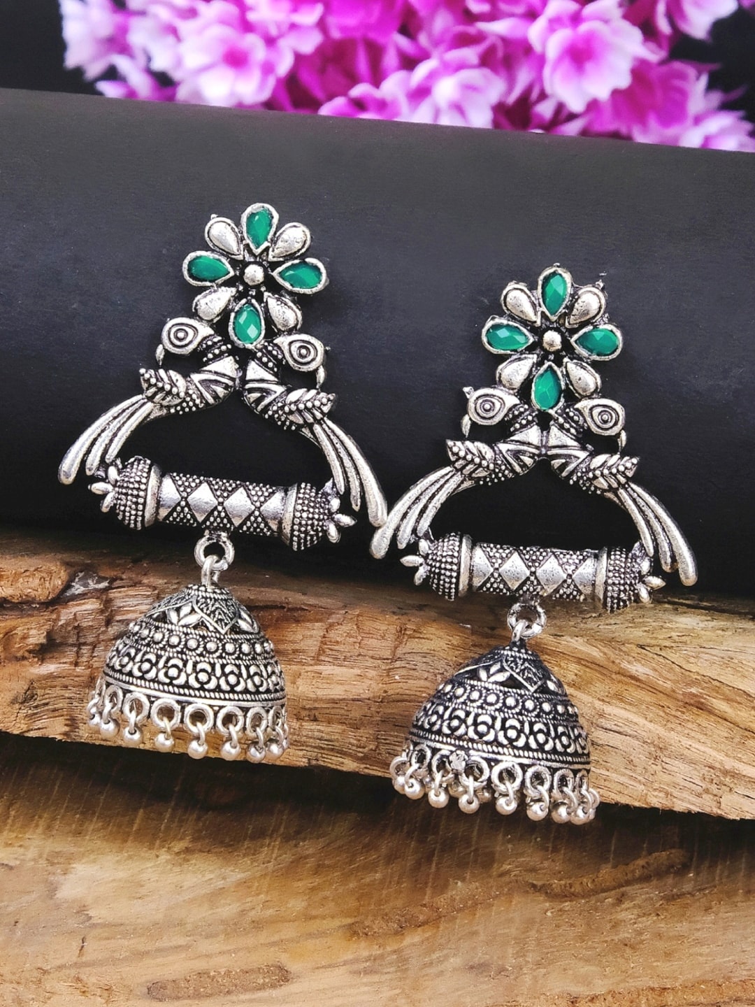 

Crunchy Fashion Oxidized Silver-Plated Green Studded Dome Shaped Jhumkas