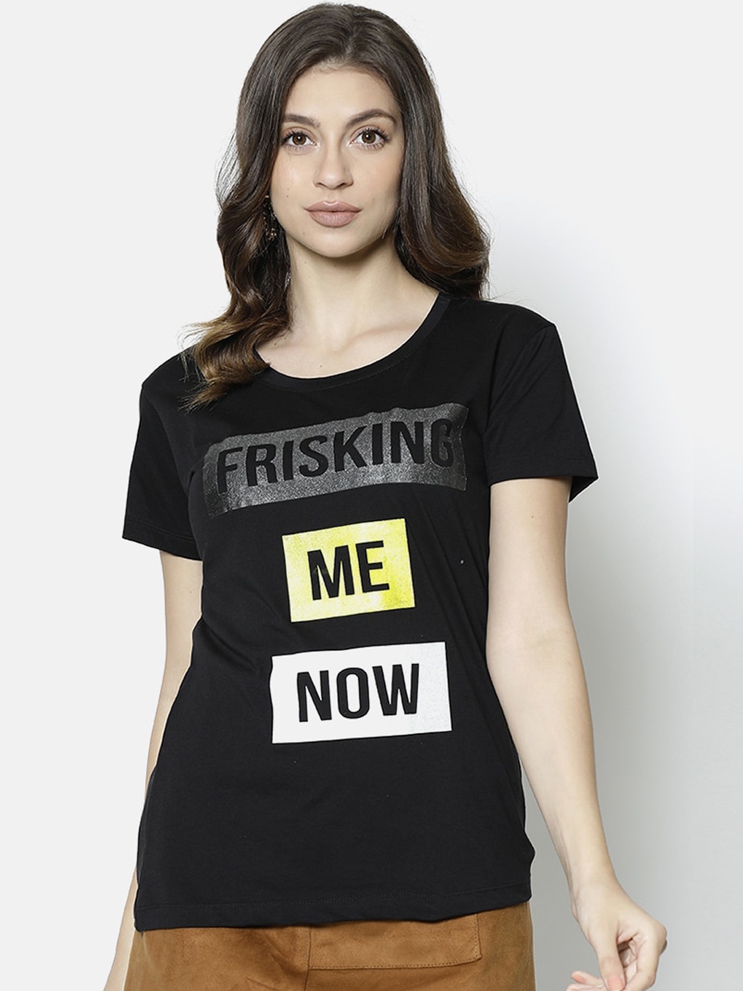 V2 Value & Variety Women Black Printed Round Neck T-shirt