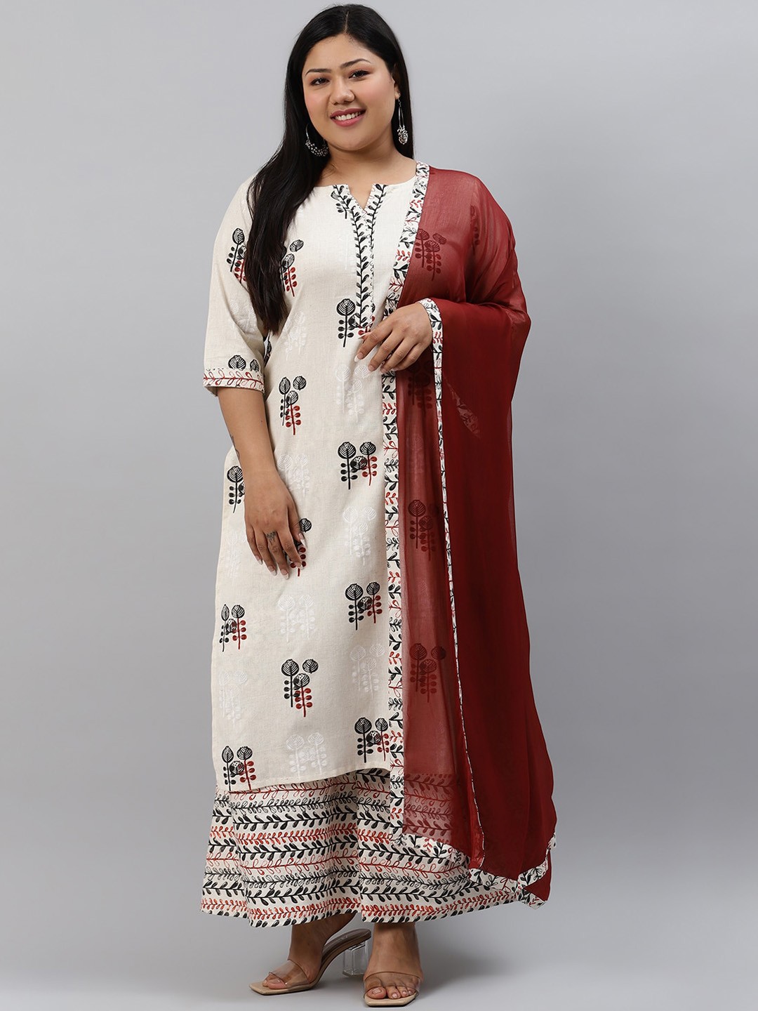 

EXTRA LOVE BY LIBAS Women Plus Size Off-White & Maroon Printed Kurta with Palazzos & Dupatta