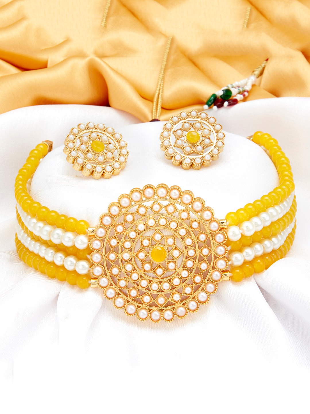

Sukkhi Gold-Plated Yellow & White Pearl-Studded Beaded Sustainable Jewellery Set