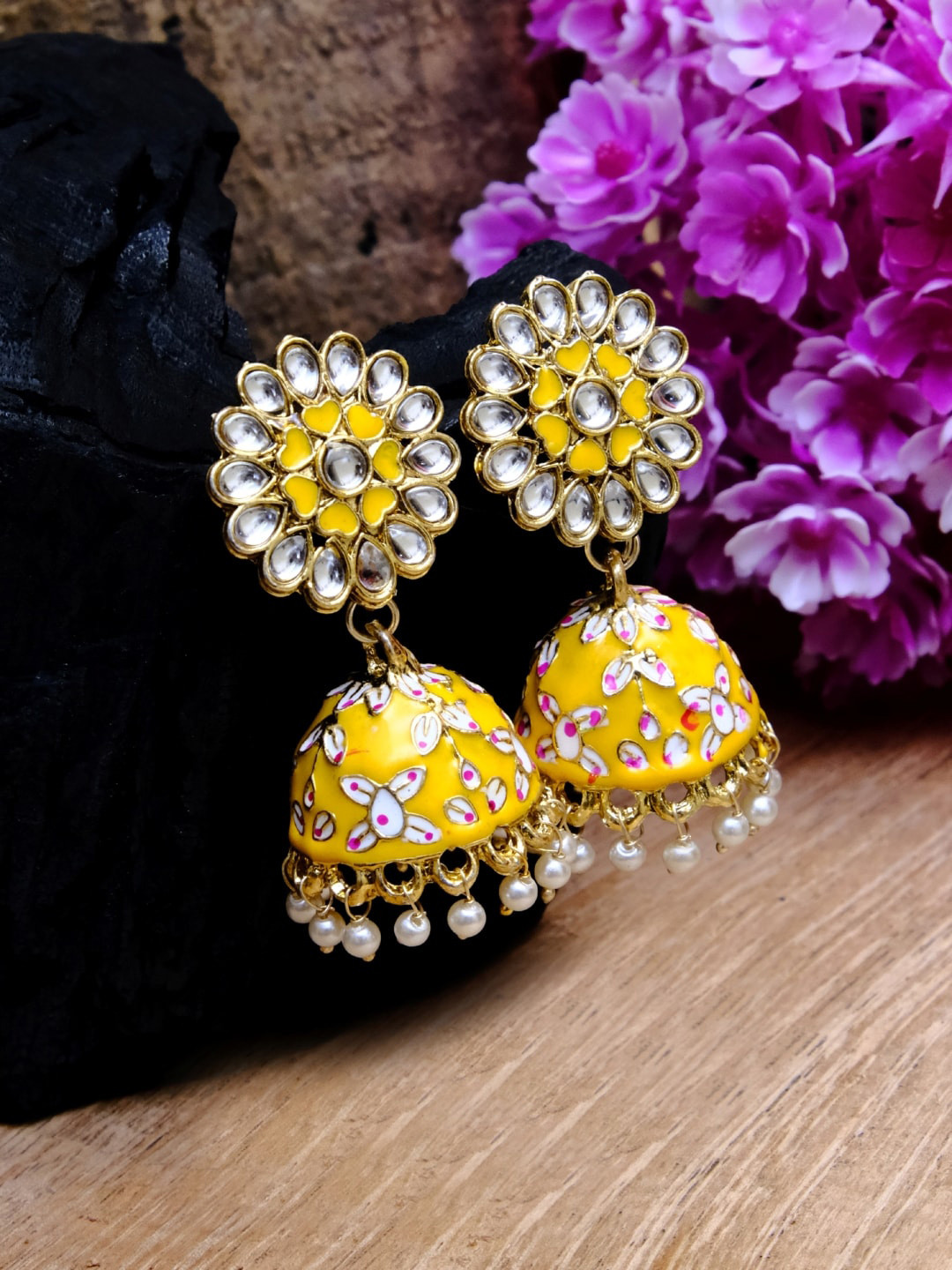

Crunchy Fashion Yellow & White Gold-Plated Meenakari Handcrafted Dome Shaped Jhumkas