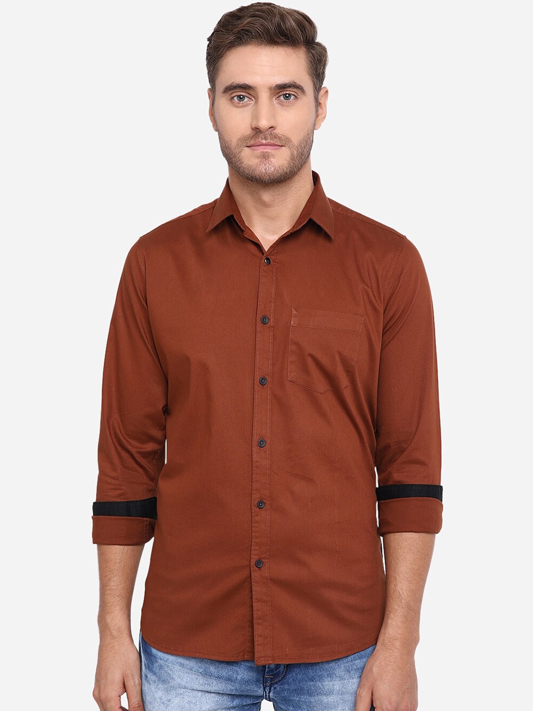 

JADE BLUE Men Brown Slim Fit Solid Pure Cotton Casual Shirt
