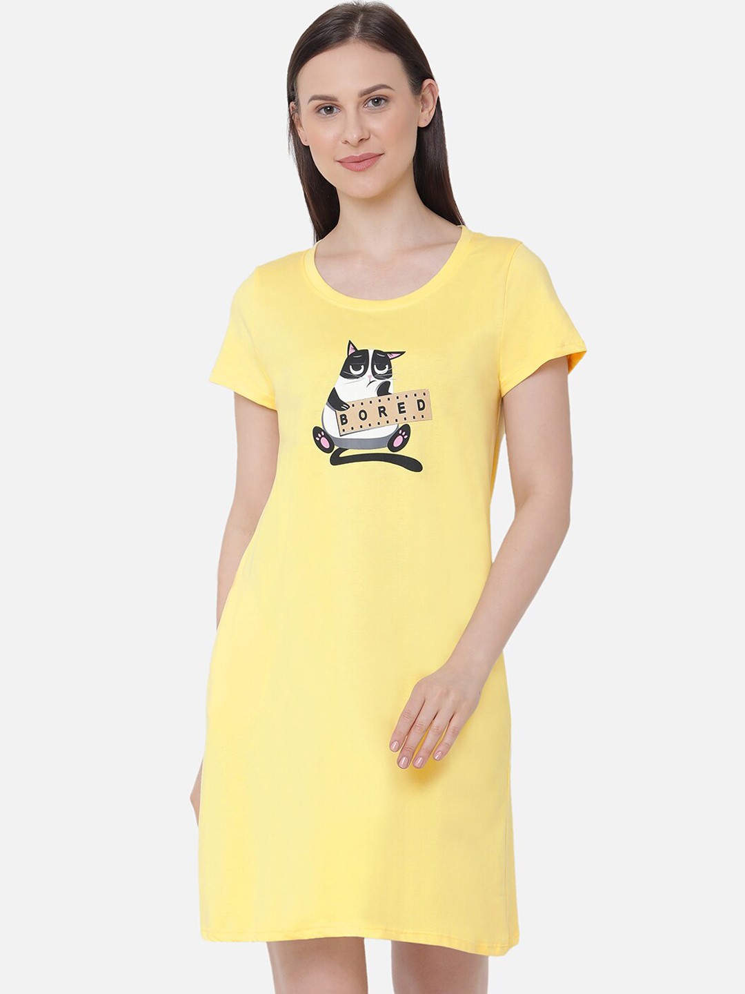 

Soie Women Yellow & White Printed Super-Soft Cotton Modal Knee-Length Sleep Shirt