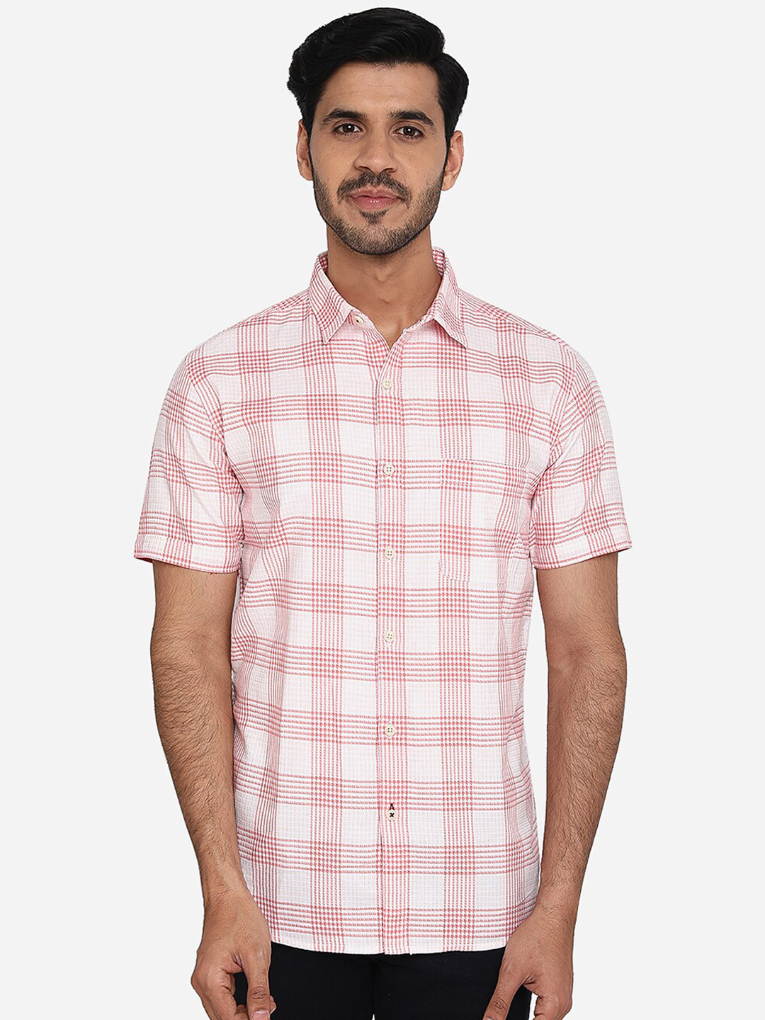 

JADE BLUE Men White Slim Fit Checked Pure Cotton Casual Shirt