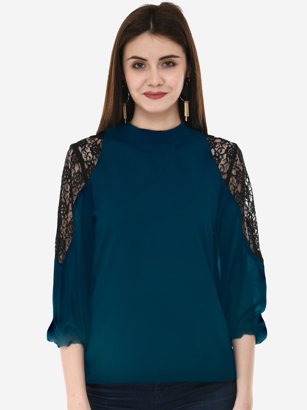

V&M Women Teal Bishop Sleeves Crepe Regular Top
