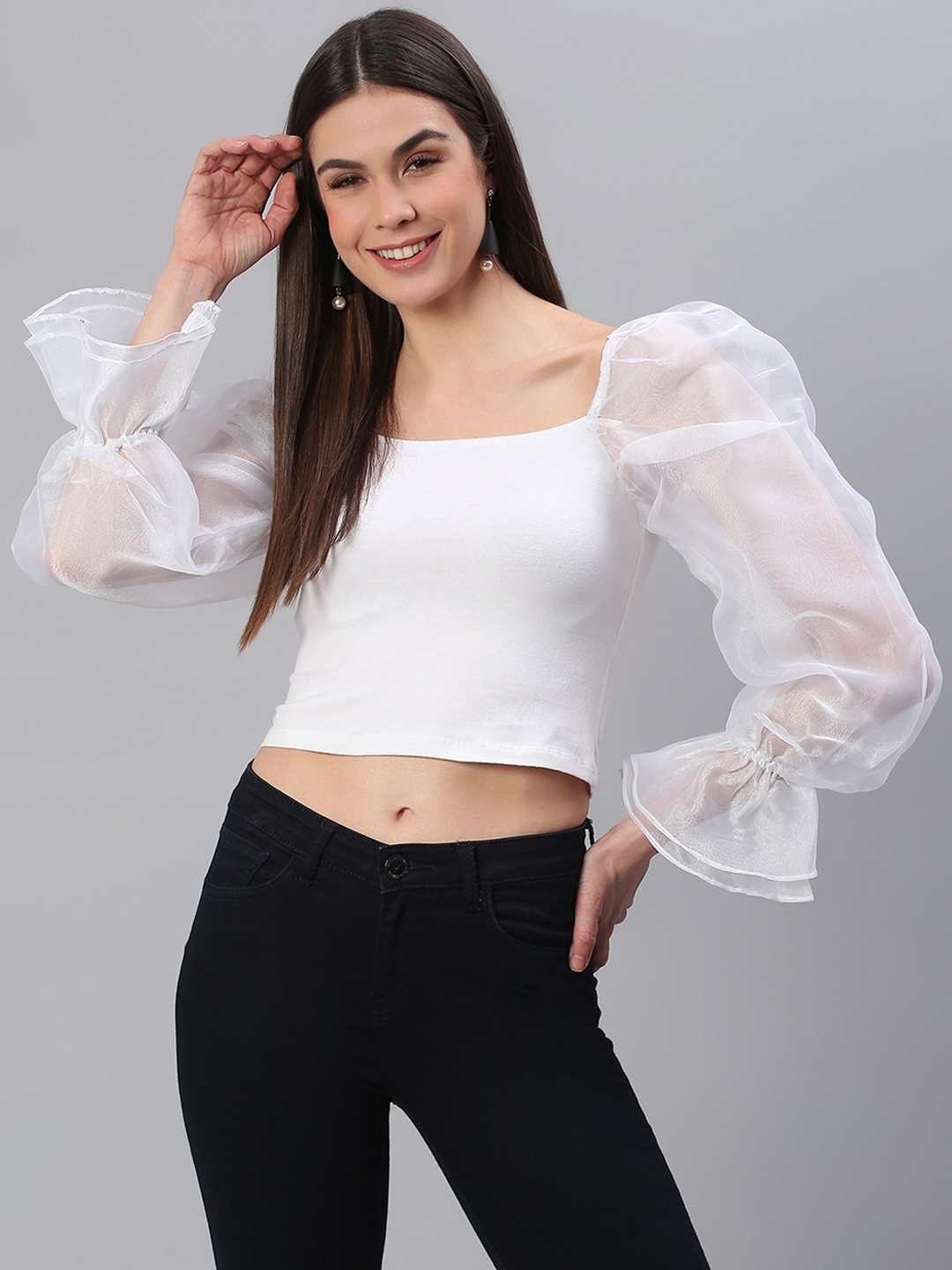 

Cation White Flared Sleeves Fitted Crop Top