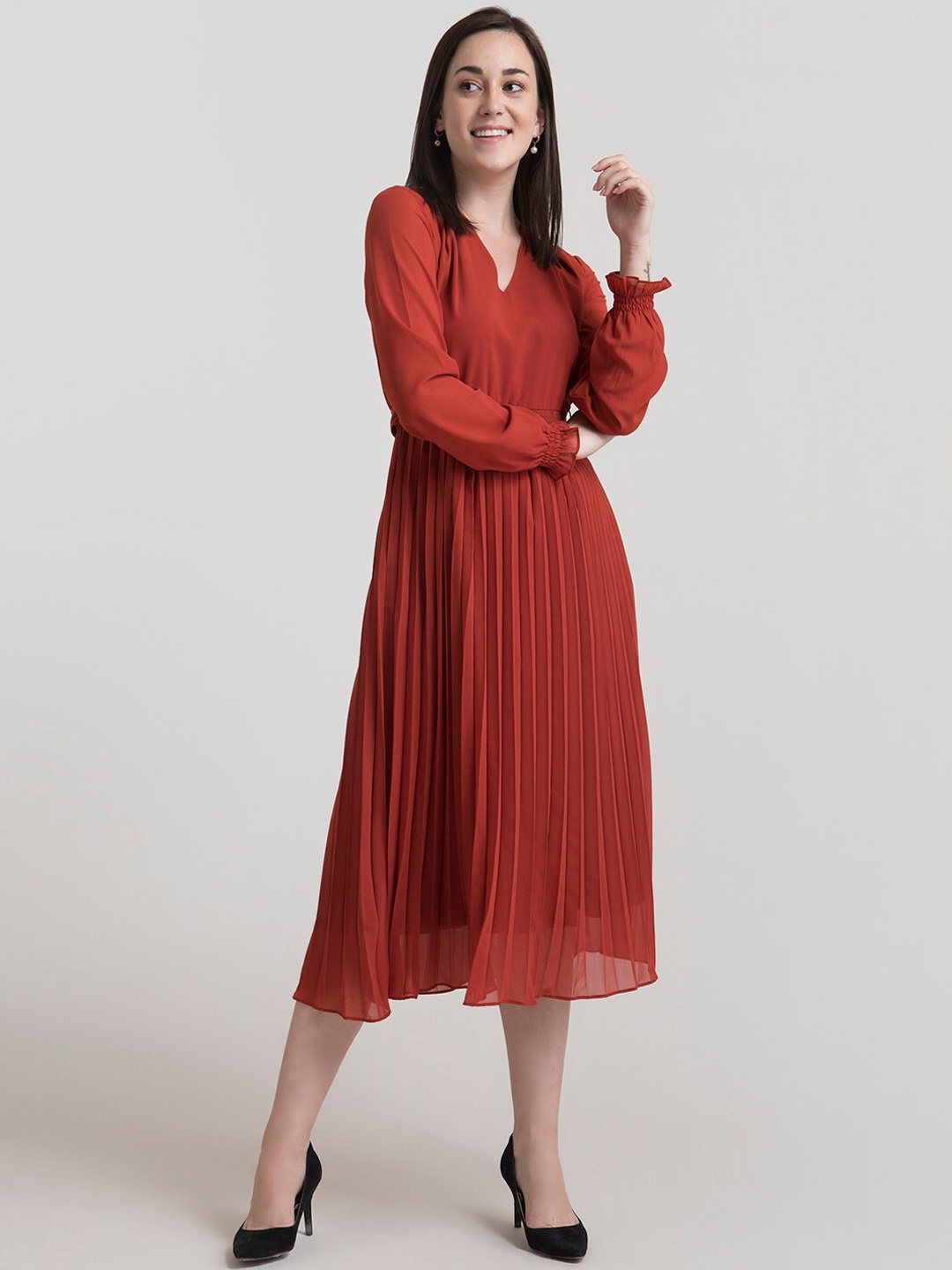 FableStreet Women Rust Pleated Fit and Flare Dress