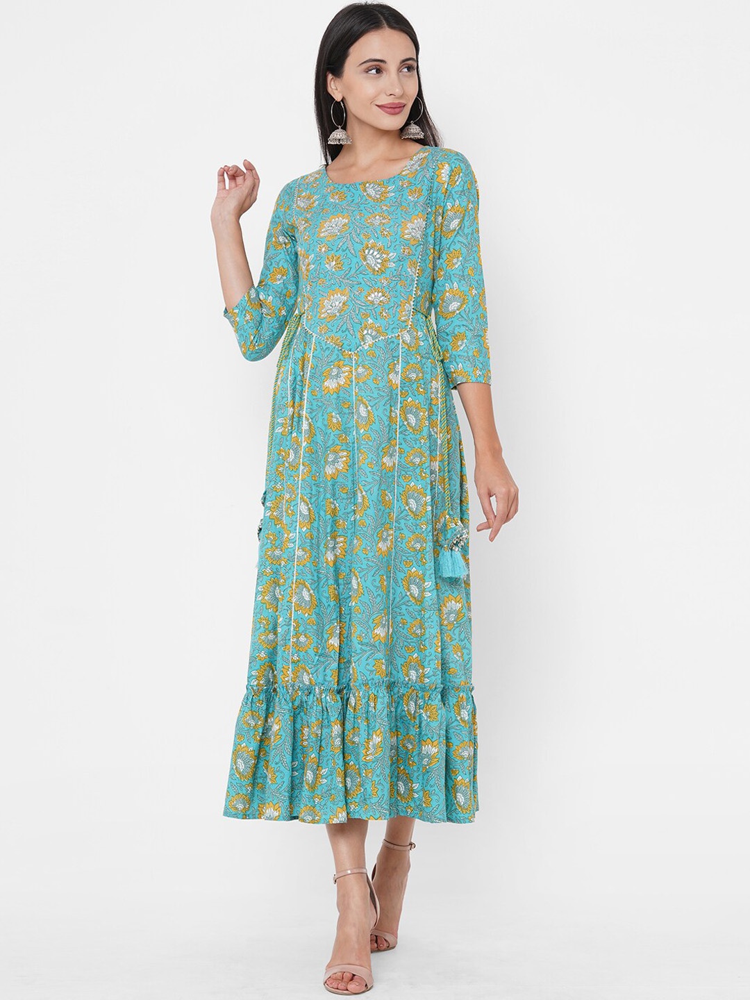 

FASHOR Women Turquoise Blue Printed Fit and Flare Dress