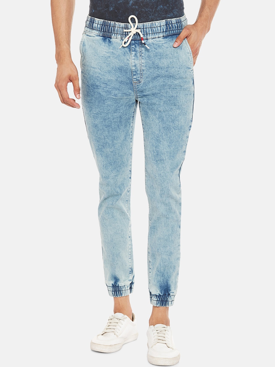 People Men Blue Acid Wash Regular Fit Joggers