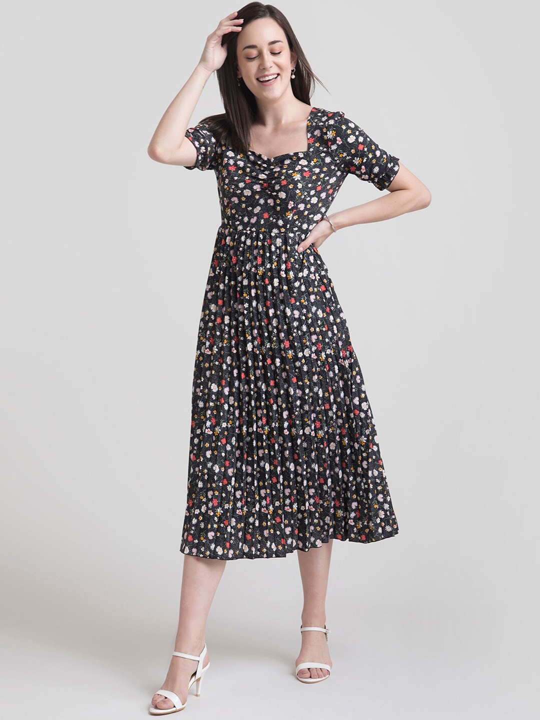 

FableStreet Women Black Floral Printed Fit and Flare Dress