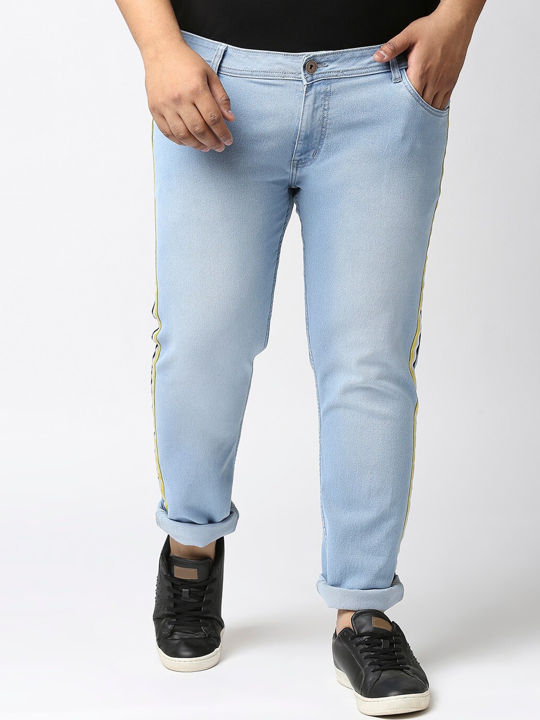 

High Star Men Plus Size Blue Mid Rise Clean Look Slim Fit Jeans with Side Stripes