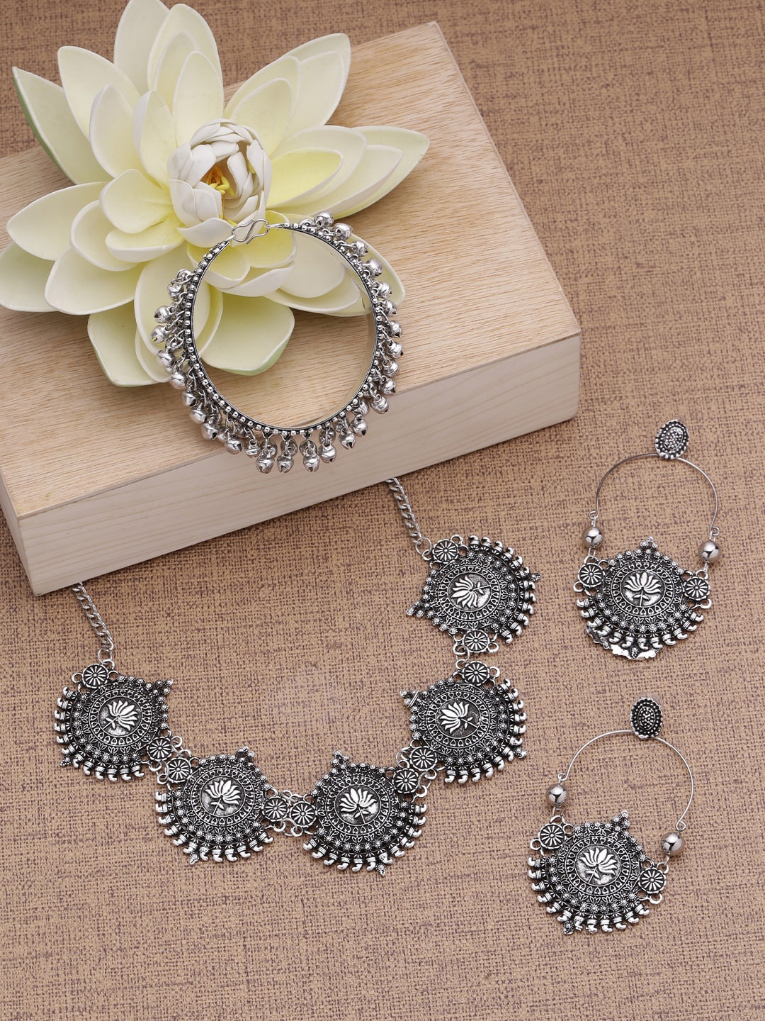 

Fida Oxidised Silver-Plated Ghungroo Studded Jewellery Set