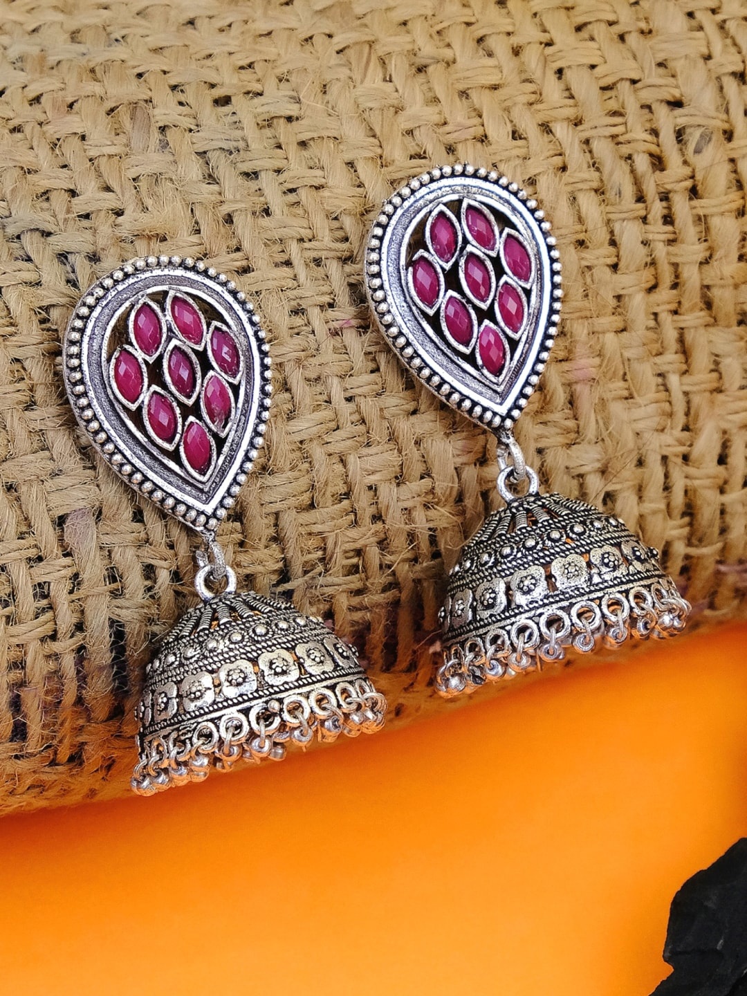 

Crunchy Fashion Oxidized Silver-Plated Pink Studded Dome Shaped Jhumkas