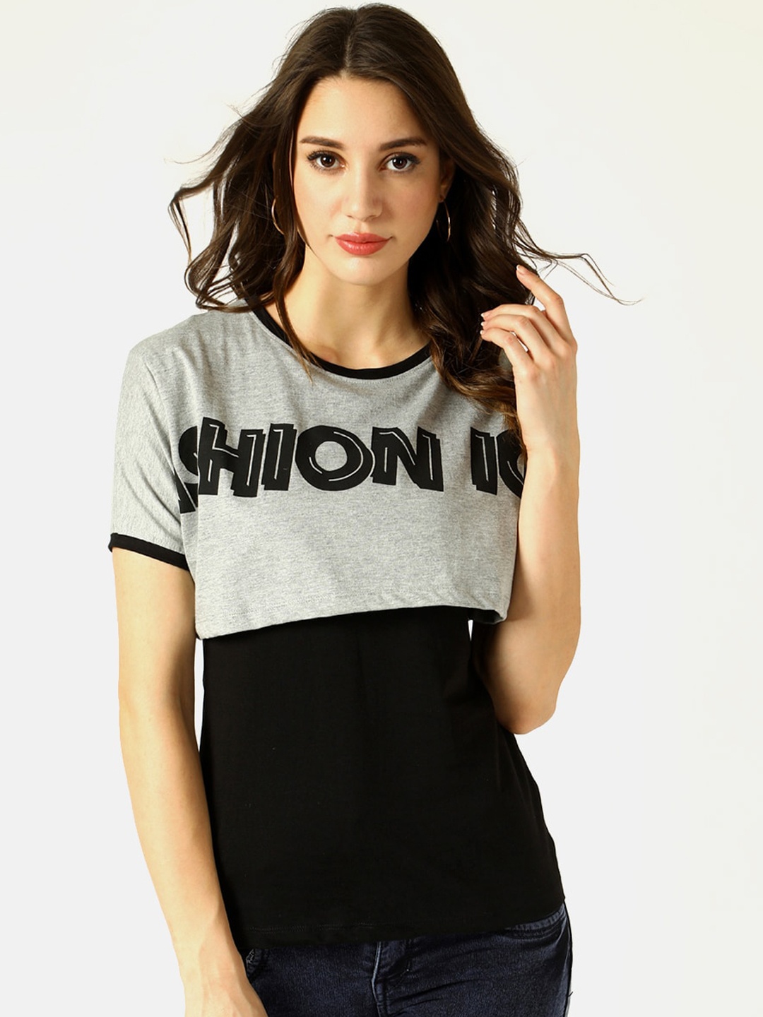 

V2 Value & Variety Grey Colourblocked Layered Chambray Regular Top