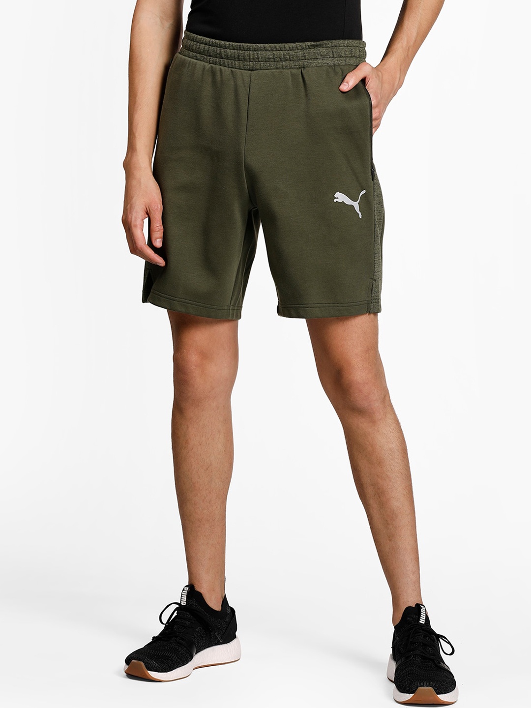 Puma Men Olive Green Solid Slim Fit Cotton Sports Shorts