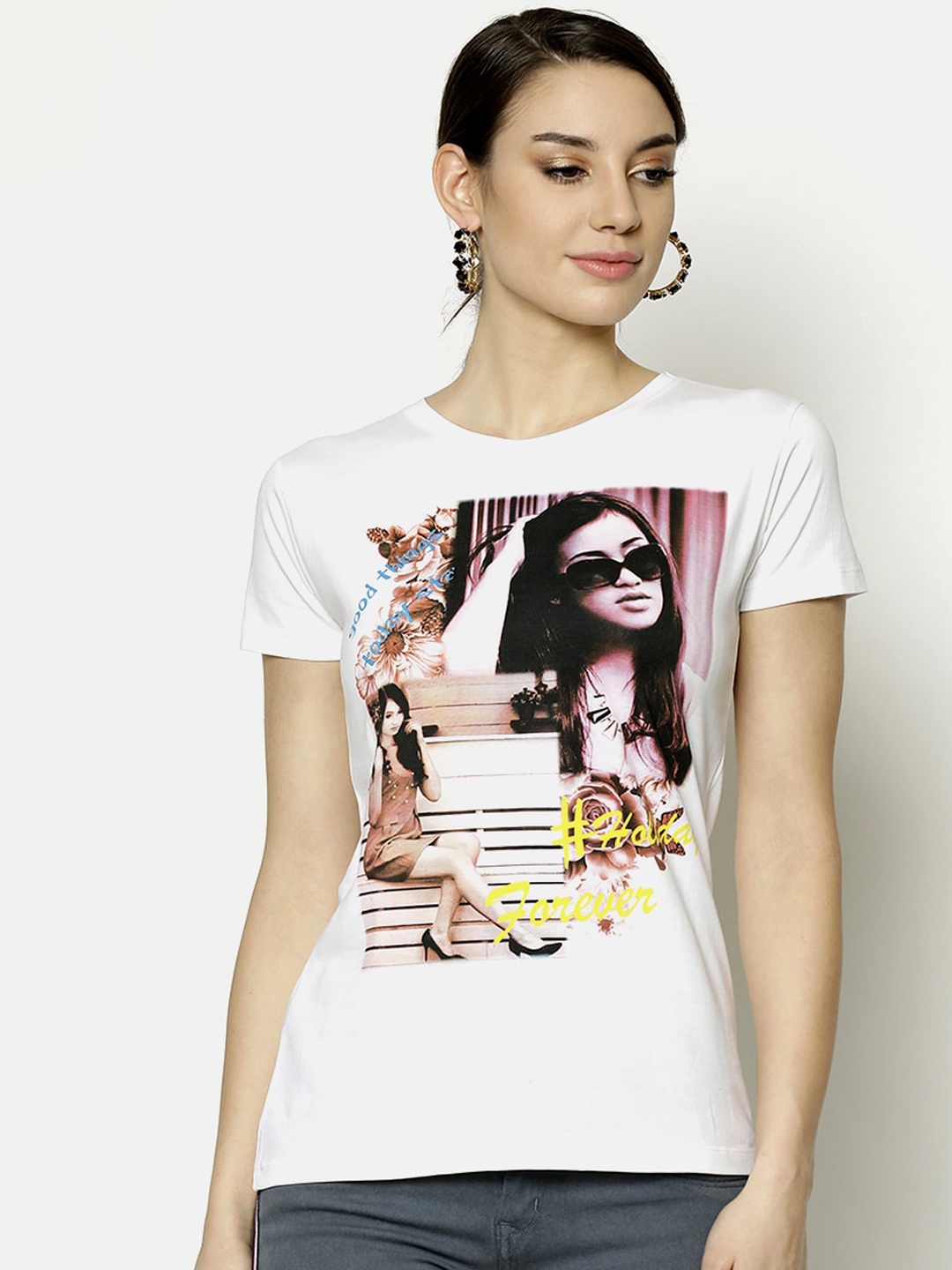 

V2 Value & Variety Women White Printed Round Neck T-shirt