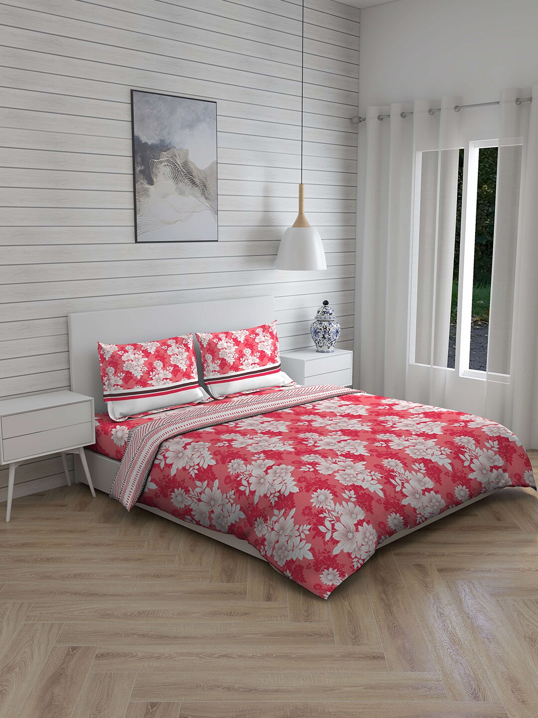 

Layers White & Coral Red Floral 148 TC Double King Bedding Set With Comforter