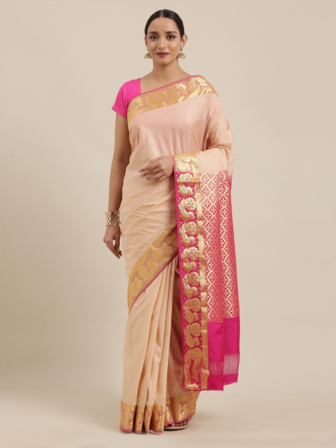 

The Chennai Silks Cream-Coloured & Pink Art Silk Woven Design Saree