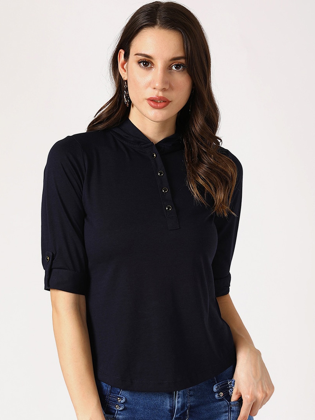

V2 Value & Variety Navy Blue Roll-Up Sleeves Regular Top