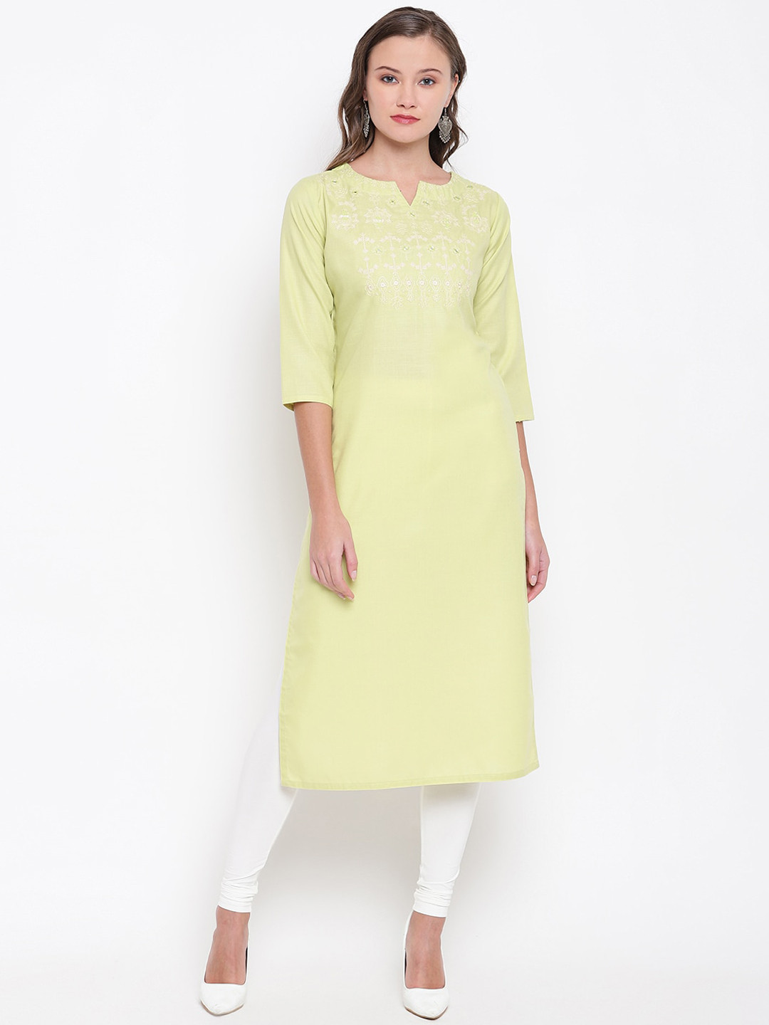 

Vbuyz Women Lime Green & Off White Ethnic Motifs Embroidered Thread Work Kurta