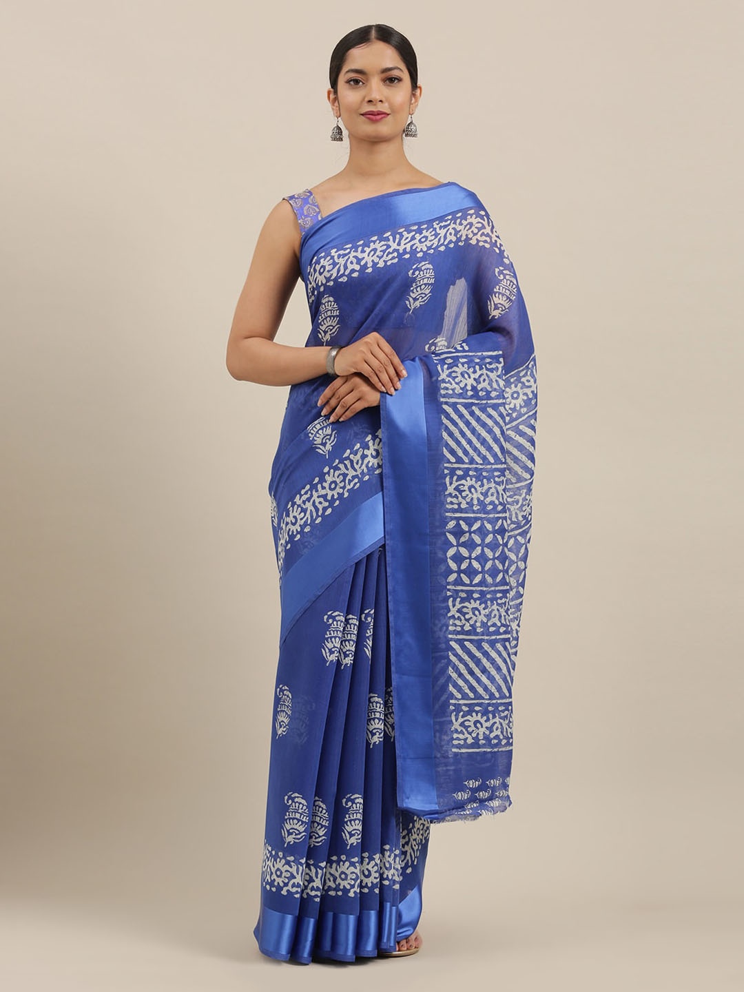 

The Chennai Silks Blue & White Pure Cotton Printed Chanderi Saree