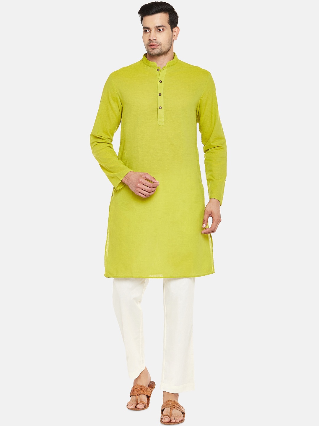 indus route by Pantaloons Men Lime Green Cotton Kurta