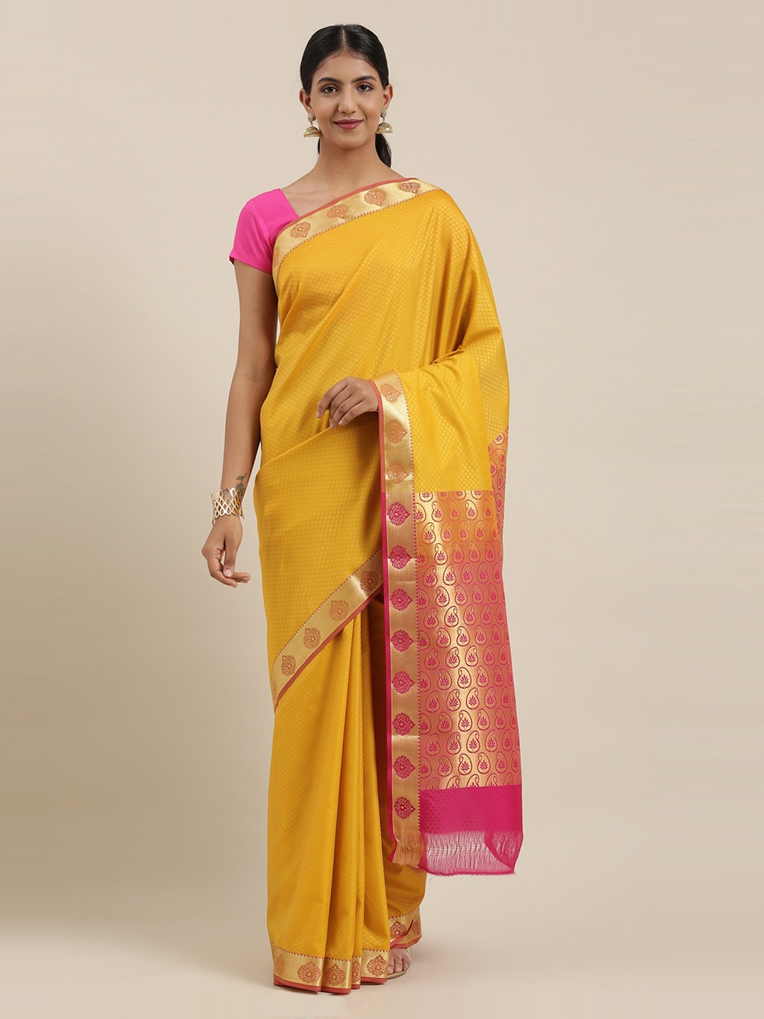 

The Chennai Silks Yellow & Pink Art Silk Woven Design Saree