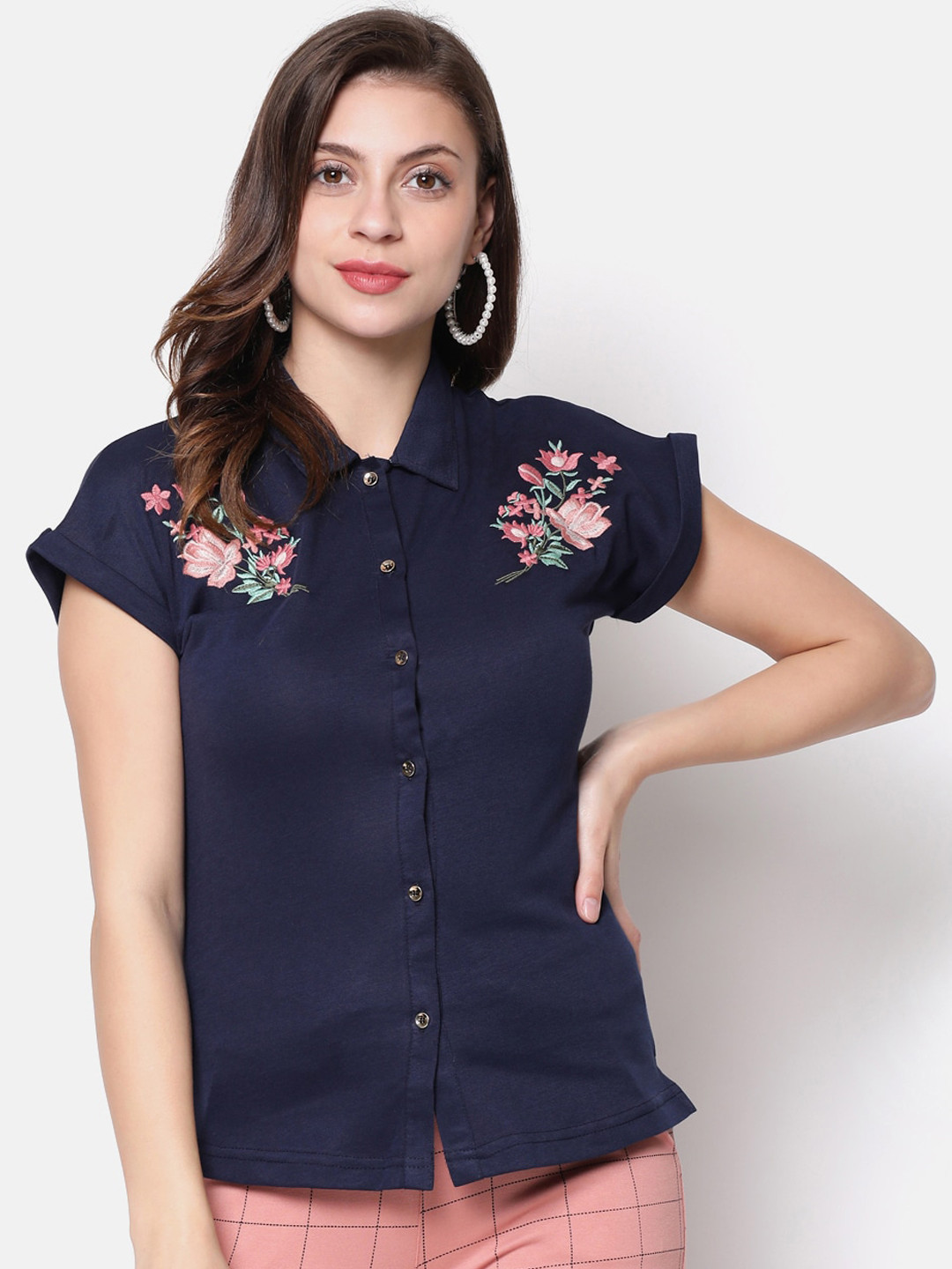 

V2 Value & Variety Blue Floral Pure Cotton Chambray Shirt Style Top