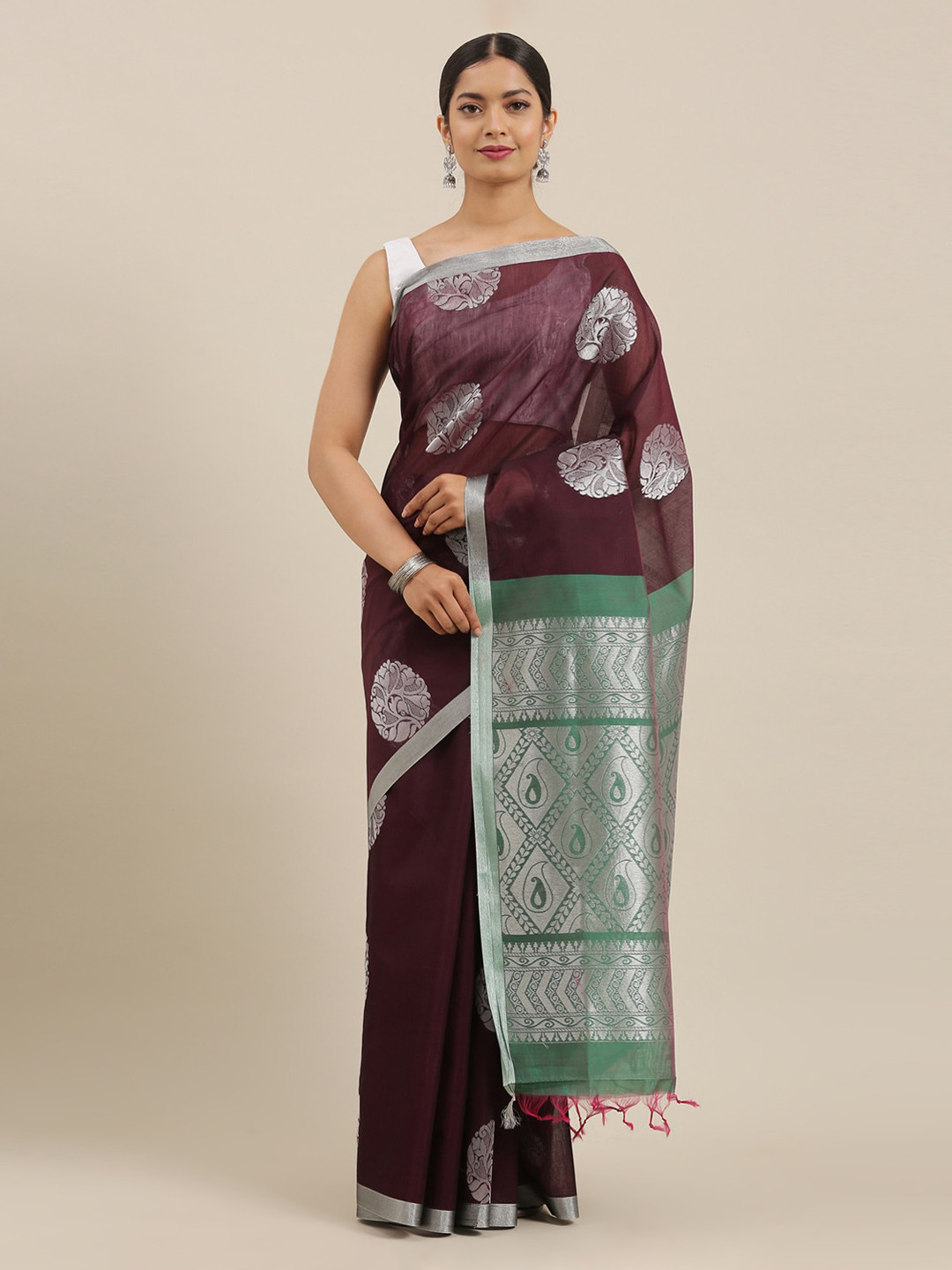 

The Chennai Silks Purple & Silver-Toned Silk Cotton Woven Design Maheshwari Saree