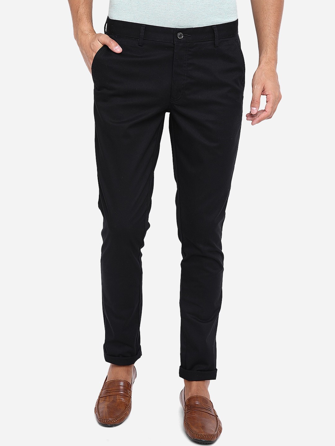 

JADE BLUE Men Black Slim Fit Solid Pure Cotton Regular Trousers
