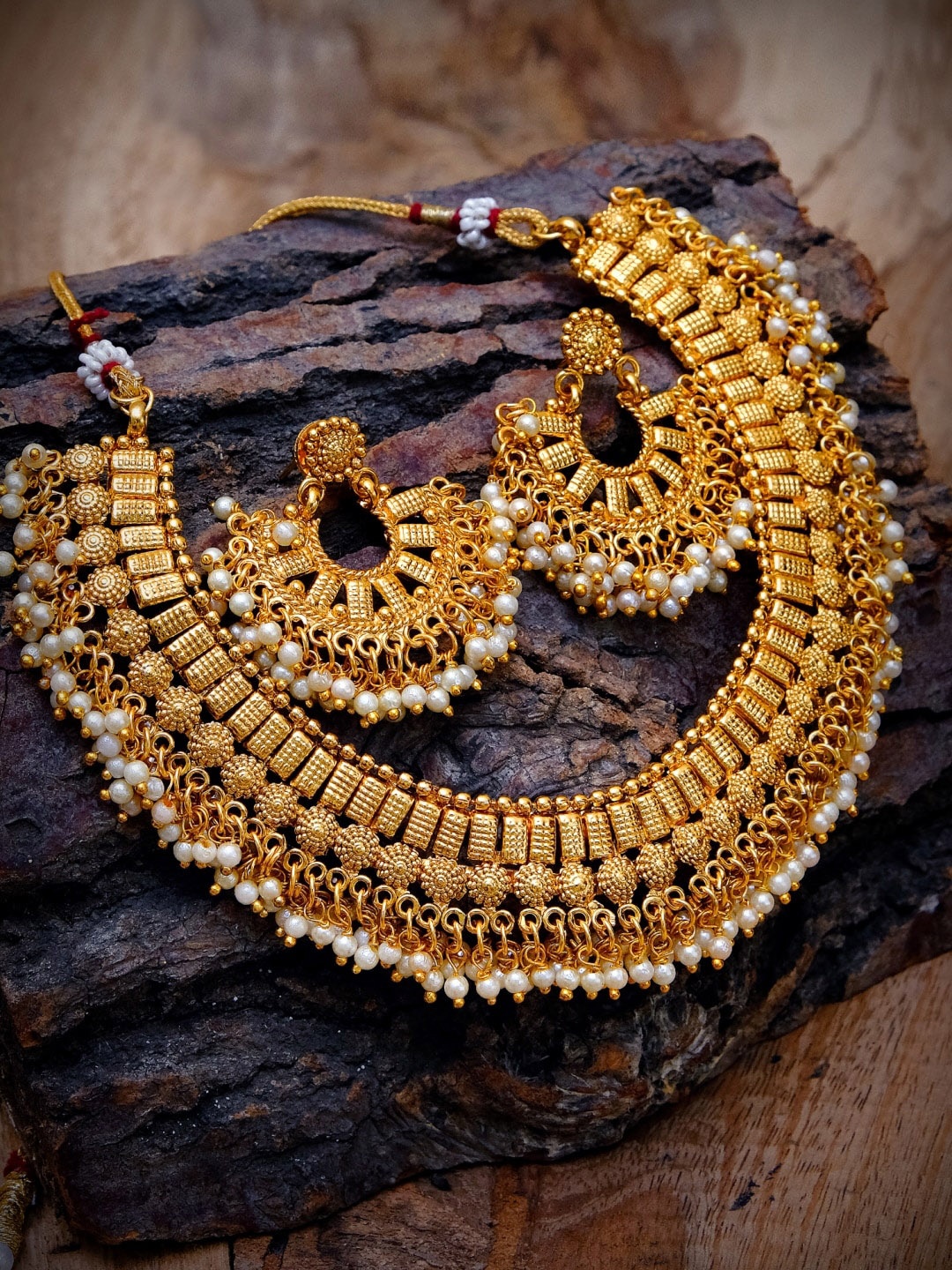 

Crunchy Fashion Gold-Plated White Beaded Traditional Jewellery Set