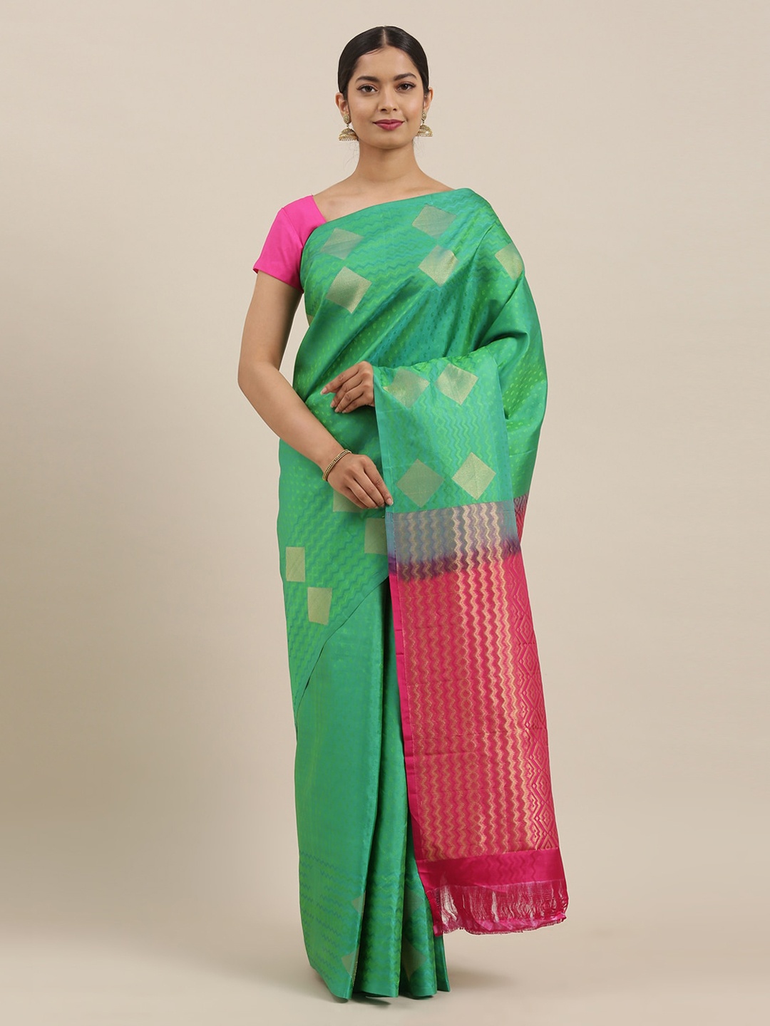 

The Chennai Silks Green & Pink Pure Silk Woven Design Kanjeevaram Saree