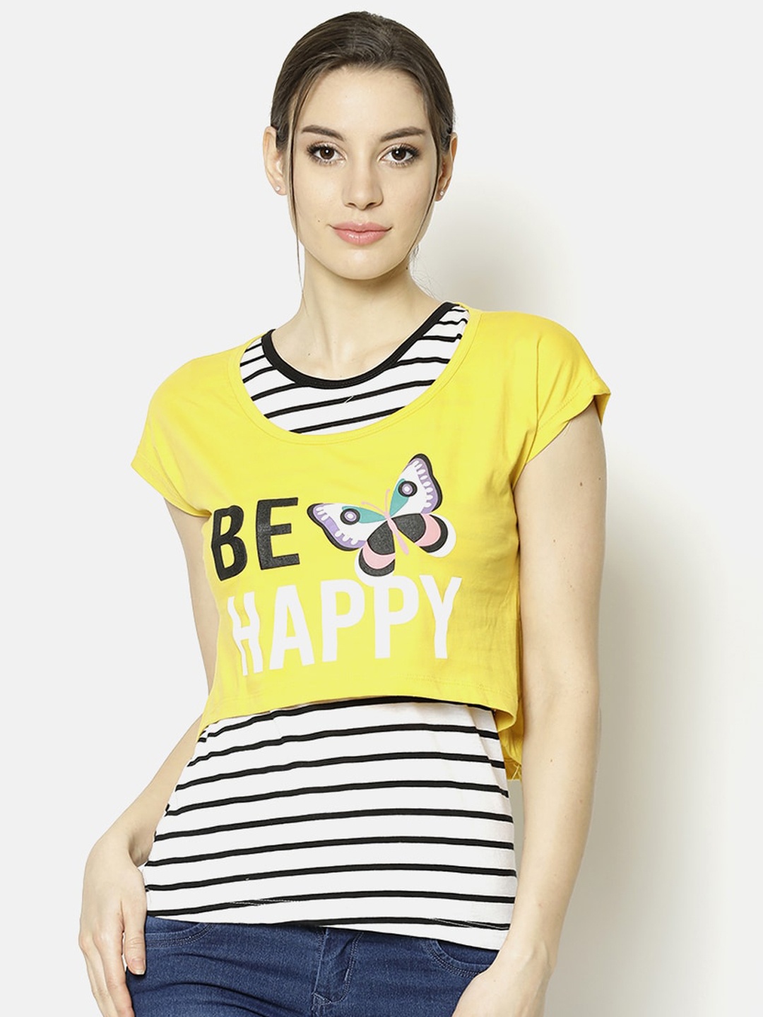 

V2 Value & Variety Yellow & White Printed Layered Chambray Regular Top