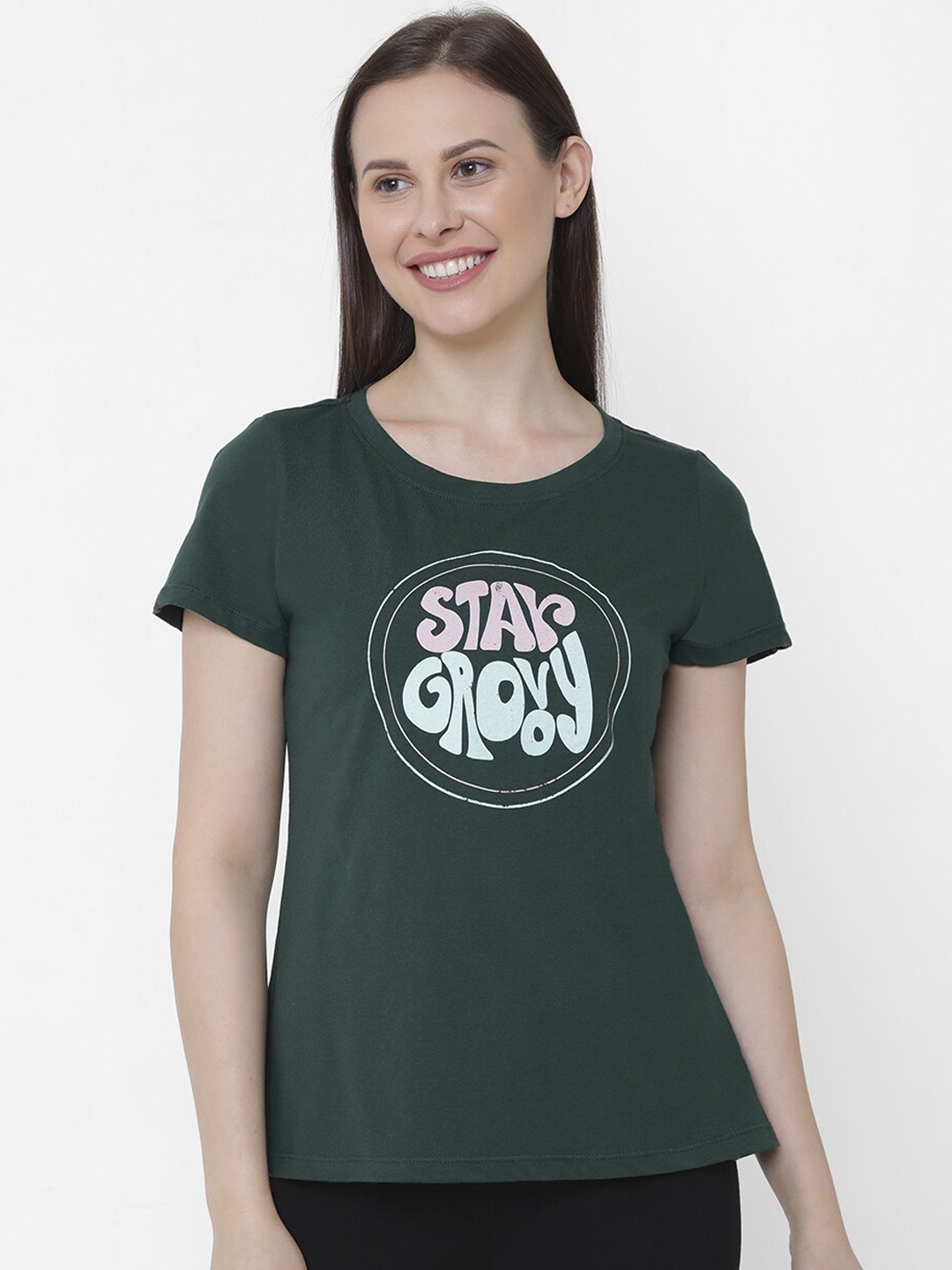 

Soie Women Green & Pink Solid Lounge T-Shirt