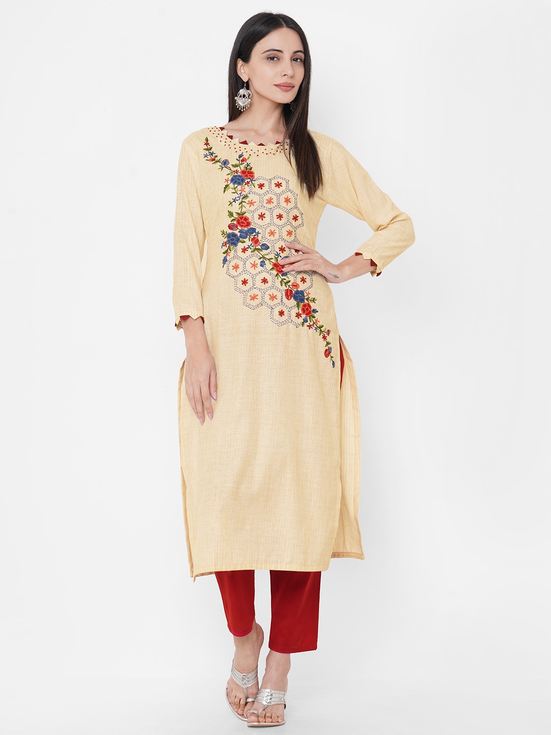 

FASHOR Women Cream-Coloured Embroidered Straight Kurta