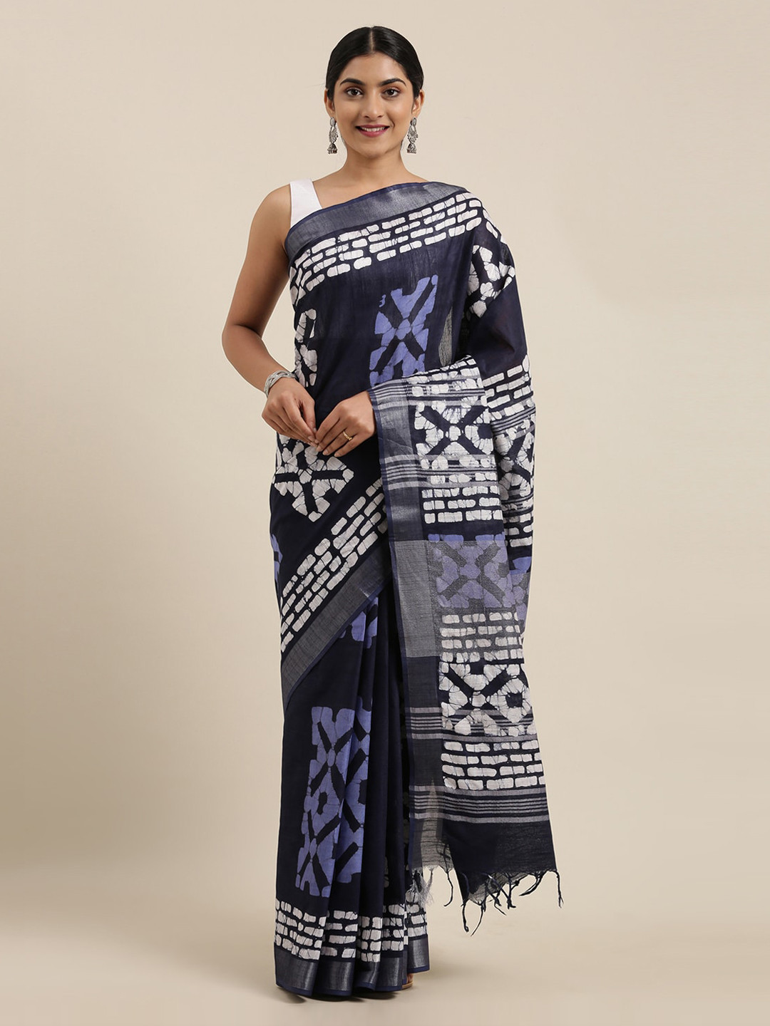 

The Chennai Silks Navy Blue & Off-White Pure Cotton Printed Saree