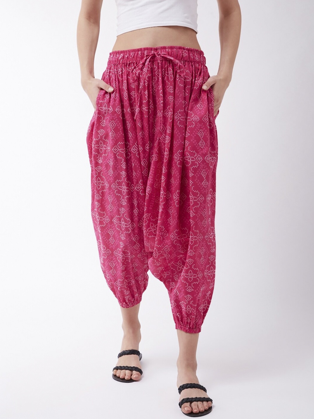 

InWeave Women Pink & White Bandhani Printed Harem Pants