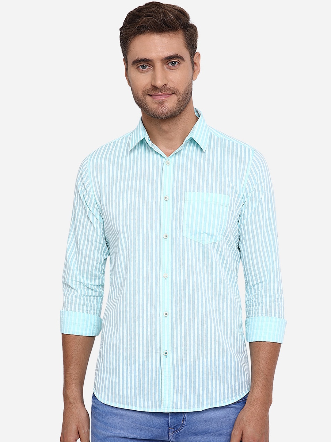 

JADE BLUE Men Blue Slim Fit Striped Pure Cotton Casual Shirt