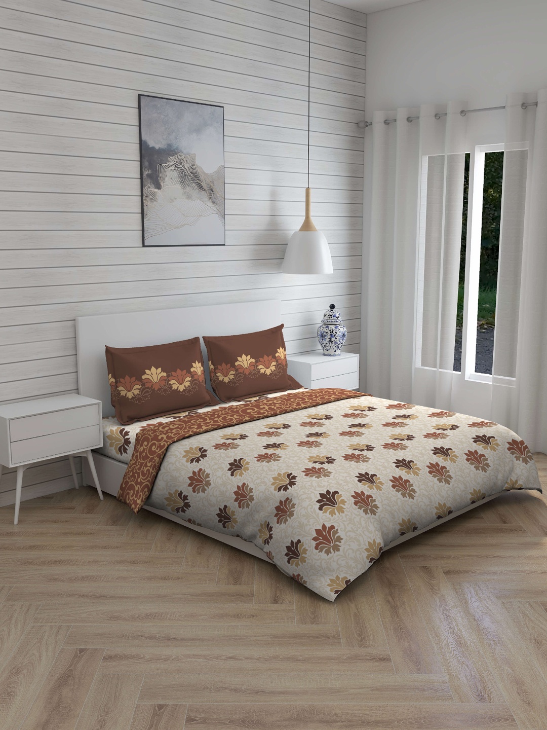 

Layers Brown & Off White Floral Printed 140 TC Double Queen Bedding Set With Comforter