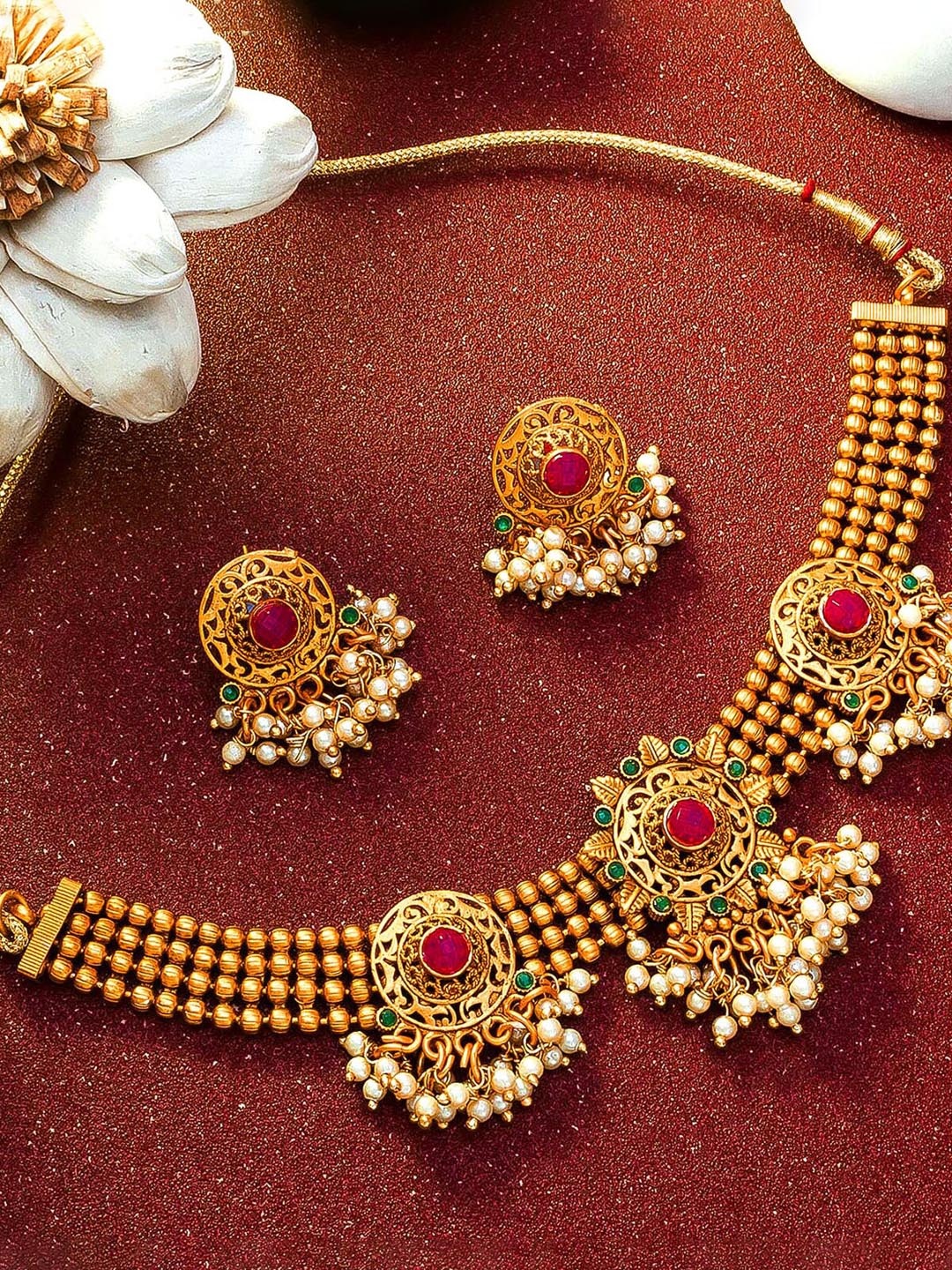 

aadita Gold-Plated Pink & Green Stone-Studded & Beaded Jewellery Set