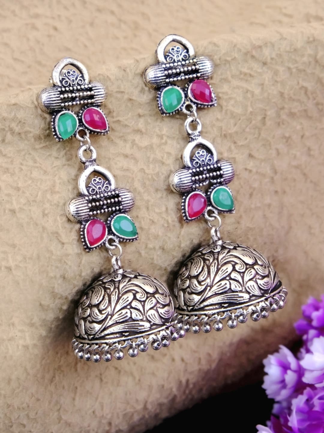 

Crunchy Fashion Oxidized Silver-Plated Pink & Green Studded Dome Shaped Jhumkas