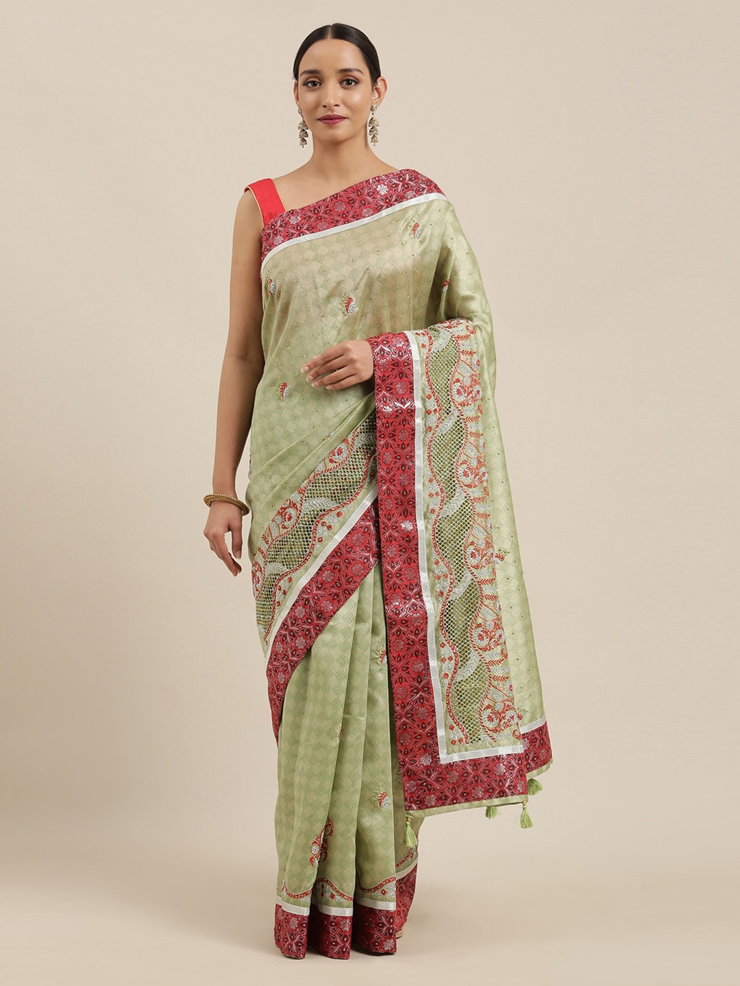 

The Chennai Silks Green & Red Viscose Rayon Printed Banarasi Saree