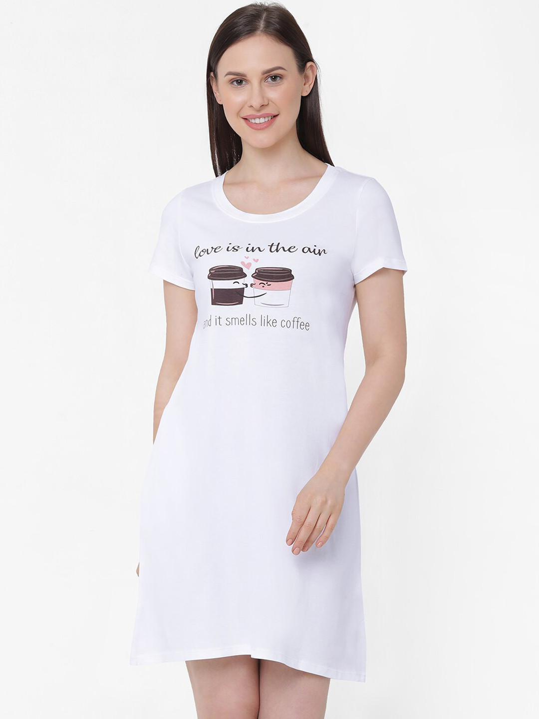 

Soie Women White Brown Printed Super-Soft Knee Length Nightdress