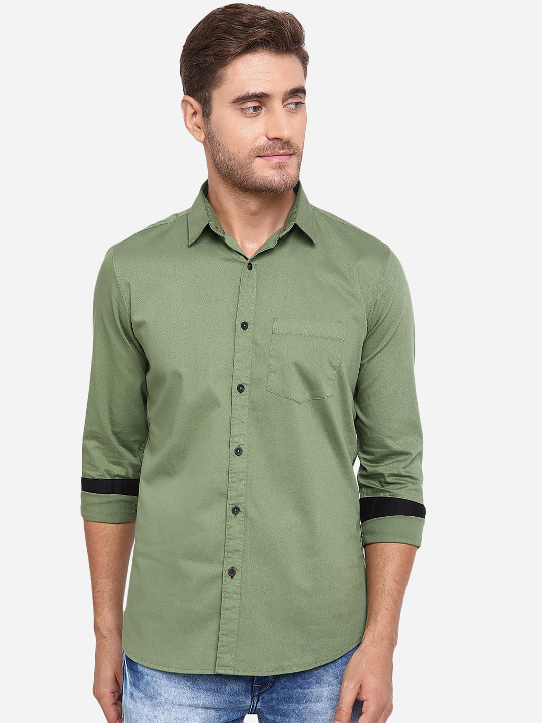 

JADE BLUE Men Green Slim Fit Solid Pure Cotton Casual Shirt