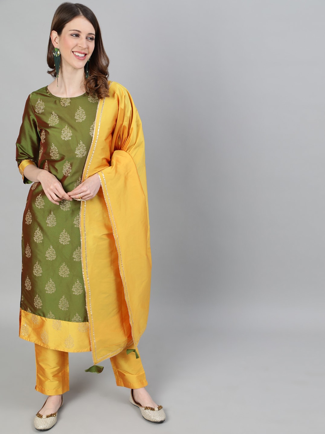 

Jaipur Kurti Women Olive Green & Yellow Floral Kurta with Trousers & With Dupatta