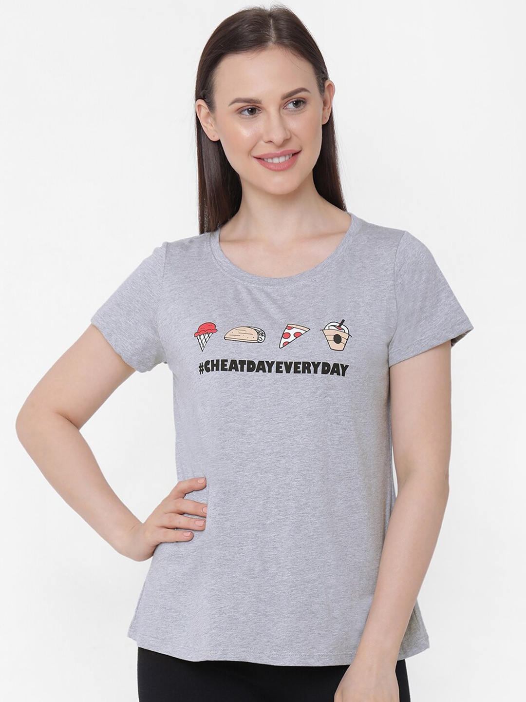 

Soie Women Grey Printed Soft Cotton Modal Lounge T-shirt