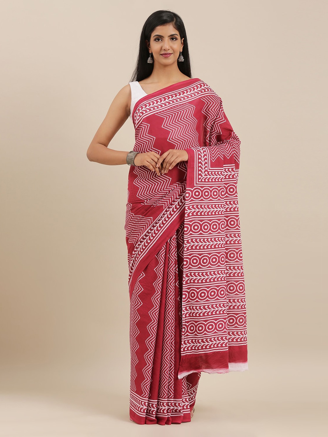 The Chennai Silks Maroon & White Pure Cotton Printed Saree