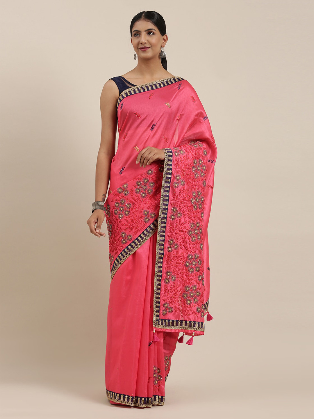 

The Chennai Silks Pink & Gold-Toned Viscose Rayon Embroidered Banarasi Saree