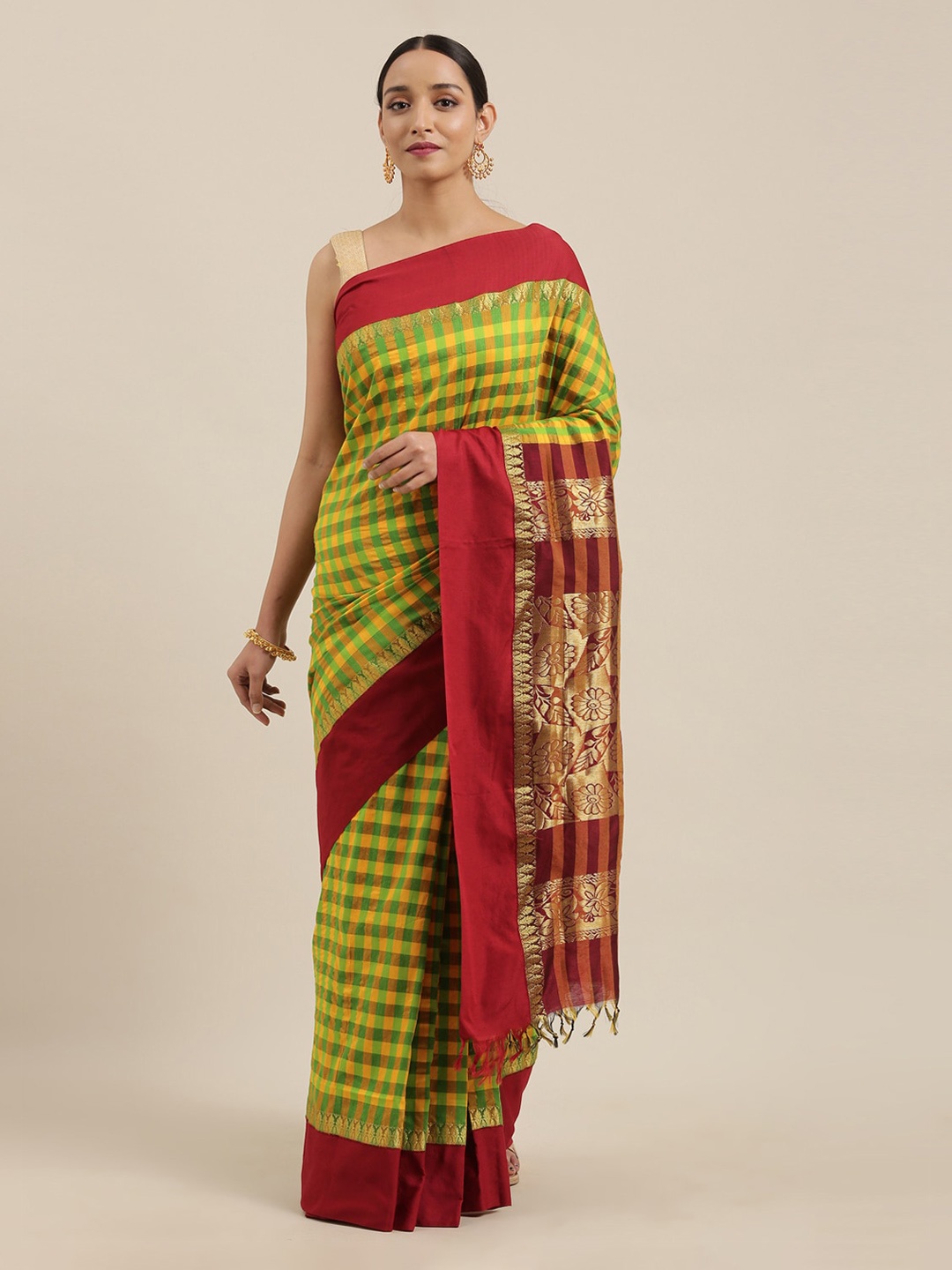 

The Chennai Silks Yellow & Green Polycotton Checked Saree